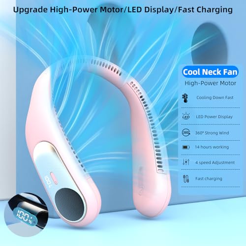 Image of Portable Neck Fan, Personal Wearable Bladeless Fan for Outdoor Indoor, LED Display, 360 Cooling, 4-Speeds, 6000mAh USB Rechargeable, Birthday Gifts for Men Women Dad Mom (Pink)