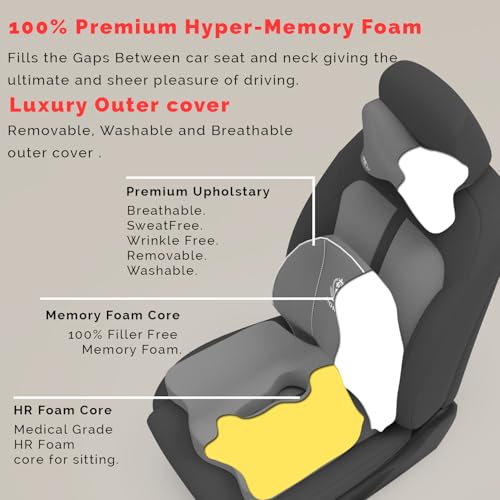 Image of MRRON Memory Foam Car Seat Cushion Combo - Backrest, Coccyx Cushion & Neckrest - Orthopedic Support for Back, Sciatica & Neck Pain - Ergonomic Comfort for Car, Office. (Grey, Spine Support)