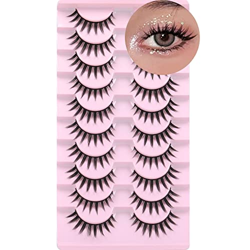 FANXITON False Eyelashes 10 Pairs Manga Lashes Wispy Japanese Style Eye Lashes Anime Lashes Thick Cosplay Lashes Natural Look 13MM Spiky Full Strip Doll Cat Eye Lashes Lashes
