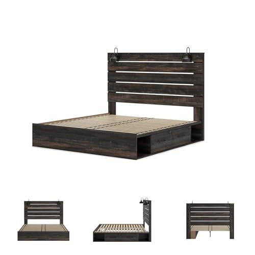 Image of Signature Design by Ashley Drystan King Storage Bed with Drawers, Sconce Lights and Dual USB Chargers, Engineered Wood, Ideal for Master Bedrooms, Dark Brown and Gray