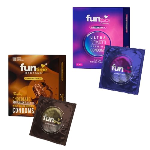 Image of Funtime Ultimate Pleasure Condoms Combo Pack of 2 (3 Pieces Each) | Ultra Thin & Chocolate Flavour | Ribbed, Dotted & Contoured | Premium Natural Latex | Electronically Tested