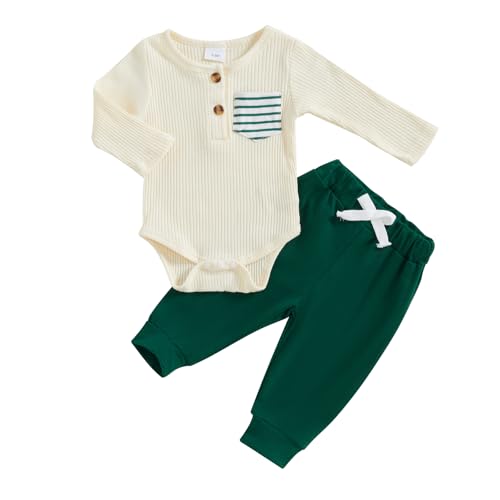 Image of fhutpw Baby Boy Clothes 3 6 12 18 Months Ribbed Knitted Long Sleeve Romper and Pants Sets Newborn Fall Splicing Color Outfits