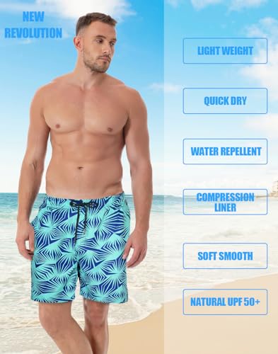 LUCOWEE Mens Swim Trunks with Compression Liner Anti Chafe Boxer Brief Lined Swimming Trunks Bathing Suits UPF 50 Stretchy 7 inch Inseam Swimsuit Shorts Green Palms Navy Medium2