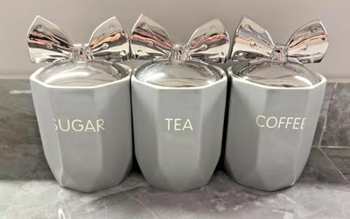 Grey Set of 3 Marble-Style Ceramic Tea, Coffee, and Sugar Canisters with Silver Bow Lid - Kitchen Storage Jars for Home Décor