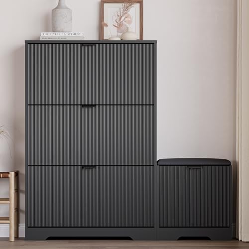 Image of BORNOON Slim Shoe Cabinet with Bench for Entryway, Hidden Storage and Adjustable Shelves, Free Standing Wooden Shoes Organizer for Hallway, Foyer