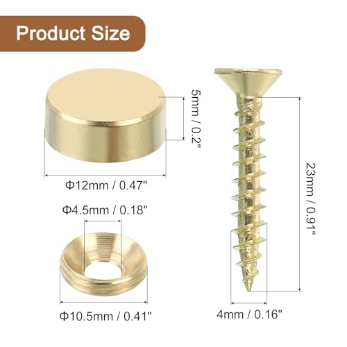 uxcell 16Pcs Brass Decorative Screws with Caps, 12 mm Mirror Screws Cover Self-Tapping Screws for Furniture Fixing, Gold