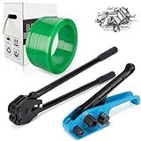 DJSUNPACKING Banding Strapping Kit Pallet Packaging Strapping Tool Set with 5/8' x 1000' Polyester (PET) Strapping Roll, 100 Plastic Packaging Corner and 100 Metal Seals,1400 lbs Break Strengt