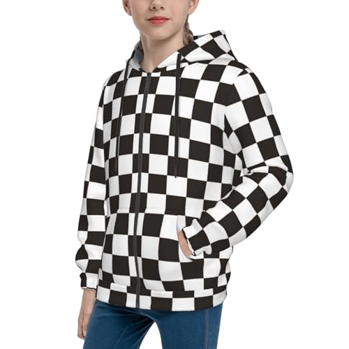 Black and White Checkerboard Teen Zip Up Hoodie, Youth Clothes Fashion Essentials Hoodies & Sweatshirts4
