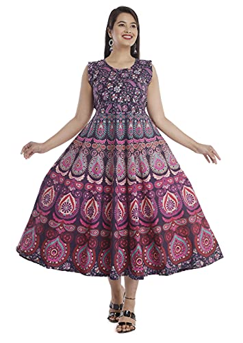 Women's Multicolor Jaipuri Rajasthani Printed Cotton Maxi Frock L...
