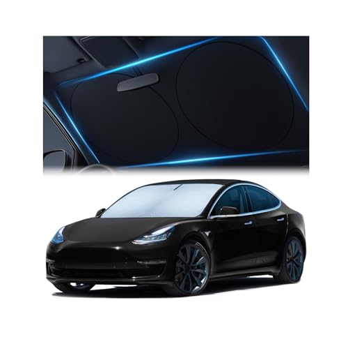 Magnelex Tesla Windshield Sun Shade (Model 3/Y), Reflective Polyester Blocks Heat & Sun, Foldable Car Window Sun Blocker, Mirror Cut-Out, Fade-Resistant Sunshade, Tesla 3 Accessories