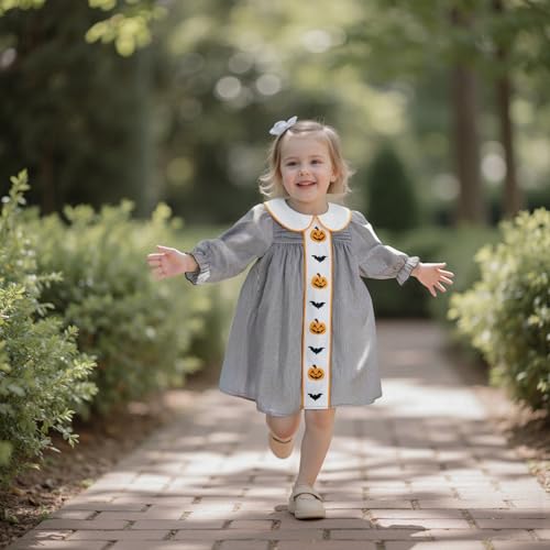 Kids Girl Halloween Outfit Polka Dot Print Pumpkin Bow Embroidery Long Sleeve Peter Pan Collar Dress Fall Photoshoot Clothes3