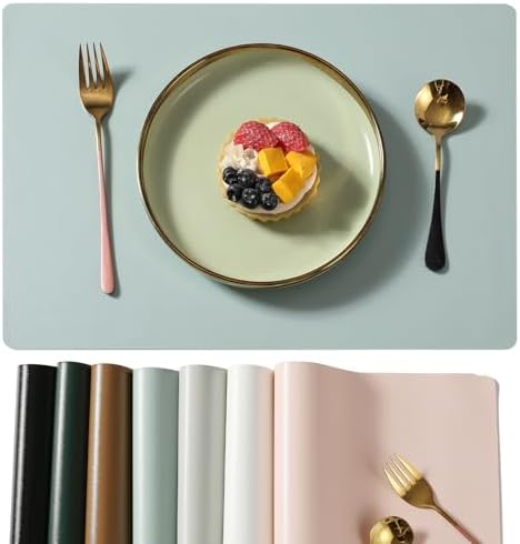 Vinyl Placemats Set of 6 – Faux Leather Waterproof Table Mats, Oil-Proof & Heat Resistant, Reversible Wipeable PU Placemats for Kitchen, Dining, Outdoor(12 x 17 Inch,Blue)