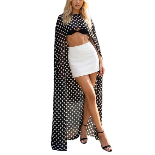 Sawden Women Chiffon Cape Sheer Long Shawl High-Low Capelet for Evening Dress Cover Up Polka Dot Black