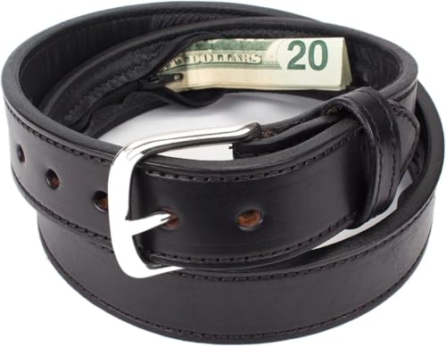 Image of Yoder Leather Company Hidden Money Pocket Travel Belt English Bridle Leather with Zippered Secret Cash Pocket (Black, 32 inch (Waist 30))
