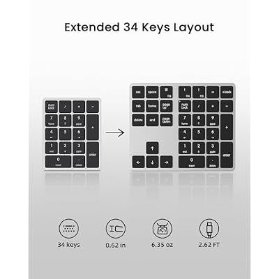 Kisnt KN300 Wired USB-C Number Pad for Laptop, 34-Key Type-C Numeric Keypad, Portable 10 Key USB Keypad for MacBook, Tablets, Mac, iOS, Android, Windows PC
