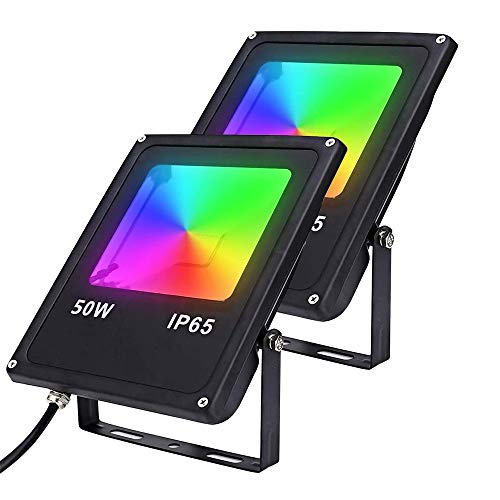 Karpal 2er 50W RGB LED Strahler mit Fernbedienung 16 Farben 4 Modi Objektbeleuchtung Flutlichtstrahler Dimmbar Bunt Deko Aussenstrahler für Garten, Garage, Hotel Cover