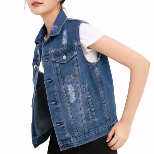 Cicilin Jaqueta jeans feminina lavada com botões grandes sem mangas, Azul escuro, XXG