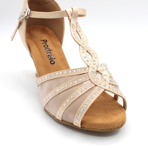 Women's Mesh Dance Shoes,Nude Satin Salsa Latin Swing Ballroom Shoes with Rhinestones,T-Strap,Open-Toe,for Ball/Wedding/Party/Formal4