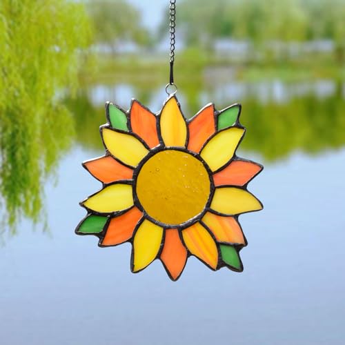 BOTOWI Panel de tapices de vidrieras de Tiffany con Cadena, pájaro Girasol de pez Estrella de Moravia libélula vidriera de Loto atrapasol de vidriera para decoración del hogar,Sunflower