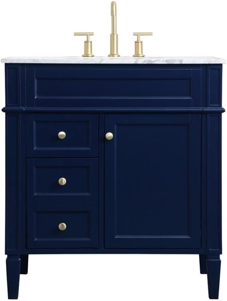 Pemberly Row Modern 32" Single Bathroom Vanity, Carrara White Marble Top, Blue Finish, Solid Wood Base, Porcelain Sink, Brushed Gold Knobs, Storage Cabinet with Drawers, Free-Standing for Bathroom