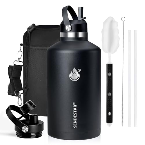 Image of Insulated Water Bottle 64 oz, Triple Wall Vacuum Stainless Steel Water Bottles(Cold for 48 Hrs), Leak Proof & Non-BPA, Half Gallon Water Flask Jug with Straw Spout Lids for Gym, Sports, Camping