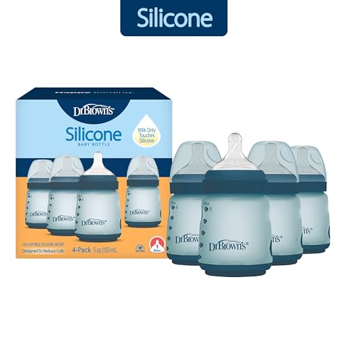 Dr. Brown's Silicone Baby Bottle, 5 oz, Level 1 Nipple, 0m+, Blue, 4-Pack | Silicone baby bottle with collapsible insert designed to reduce colic, milk only touches silicone, Wide-Neck nipple - image 8