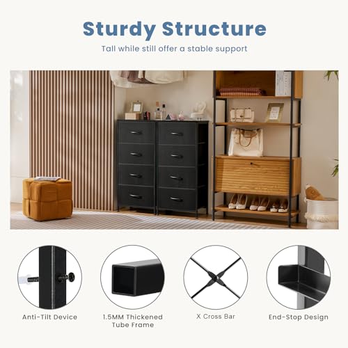 DUMOS Nightstand with 4 Drawers Bedside Table with Removable Fabric Bins Sturdy Steel Frame Wood Top Organizer Furniture for Bedroom Closet Living Room by DUMOS - Image 7