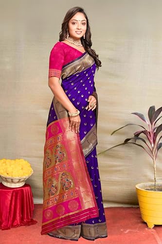 Image of C J Enterprise Women's Pure Kanjivaram Silk Saree Paithani Soft Wedding Sarees With Blouse Piece (Chand paithani)