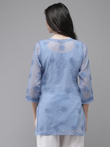 Image of Ada Women's Cotton Blend Regular Fit Tunic Hand Embroidered Lucknowi Chikankari Kota Western Top Kurti With Slip A911184