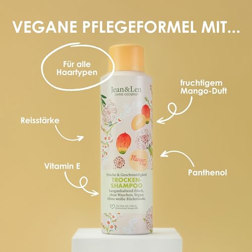 Jean & Len Trockenshampoo Frische & Geschmeidigkeit, kein fettiger Ansatz, keine weißen Rückstände, duftet fruchtig frisch nach Mango, für alle Haartypen, ohne Parabene & Silikone, vegan, 200 ml