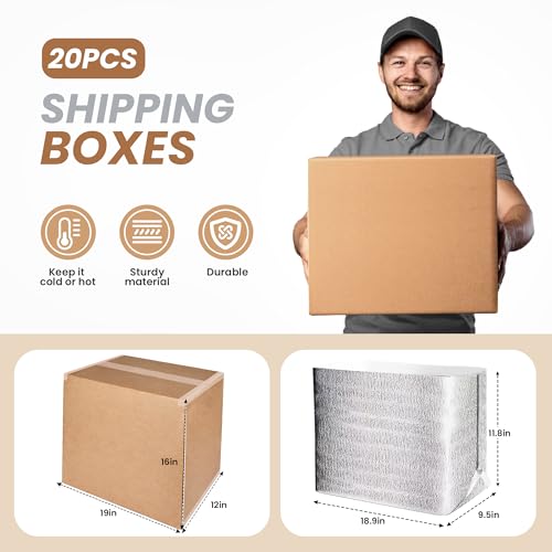 Image of 20 Pack Insulated Shipping Boxes with Aluminum Foil Liner,Thermal Insulation Cold Pack Shipping Boxes for Frozen, Reusable Styrofoam Cooler Box, Small Mailing Box, 19'' x 12'' x 16''