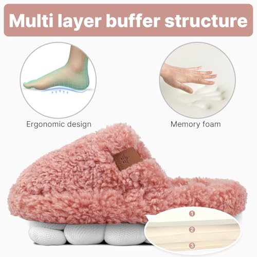 Image of Womens Fuzzy Slippers Wide Width Ladies Arch Support Memory Foam Slippers Warm Comfy faux fur Slip On Indoor House Shoes