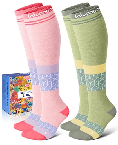 Lalapapa Cotton Compression Socks for Women - 15-20mmHg Cushioned Sole, Soft Breathable for Pregnancy Travel Nurse, Pink and Green Geometric, L/XL