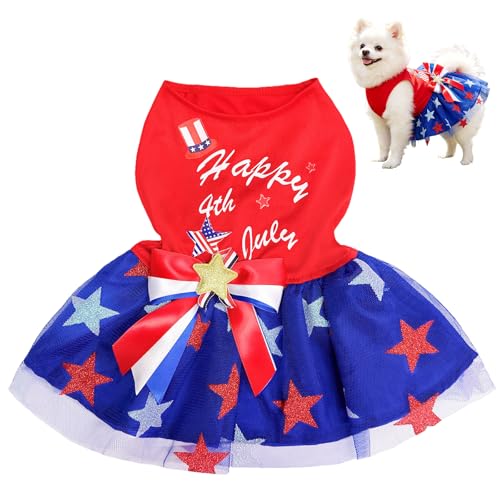 Blzedim Happy 4th of July Dog Tulle Dress Independent Day Patriotic Stars Dog Outfit Sparkly Pet Holiday Dress with Bow for Small Dogs Cat Clothes (July 4th Large)