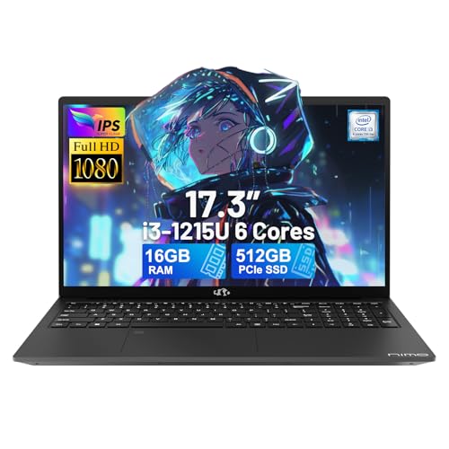 NIMO 17.3" IPS FHD-Laptop, Intel 6 Cores i3-1215U 16GB RAM 512GB SSD (Beat Ryzen 5 7520U, Up to 4.4GHz) Computer with 65W GaN Type C Fingerprint Backlit Keyboard, for Home Student and Business Gray