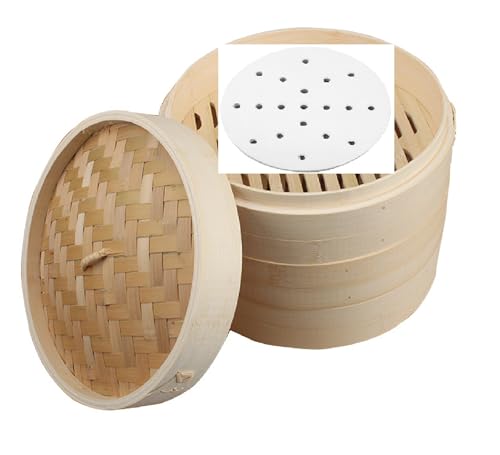 蒸籠竹蒸し器 手作り 竹セイロ 蒸し料理 中華 竹セイロ蒸篭 本体・蓋 本体2個(2段) 蒸篭 業務用 せいろ蒸し器 食卓 料理 中華セイロ 美味しい ふっくら 蒸す 調理器具 、キッチン用品 ヘルシ小籠包 (本体2個・蓋1個,セイロ専用用紙50枚付) (