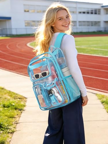 Image of Double-Layer Clear Backpack Heavy Duty, 17 Inch Large Clear Bookbag, Transparent See Through Backpack For School, Work, College, Travel, Sport- Light Blue