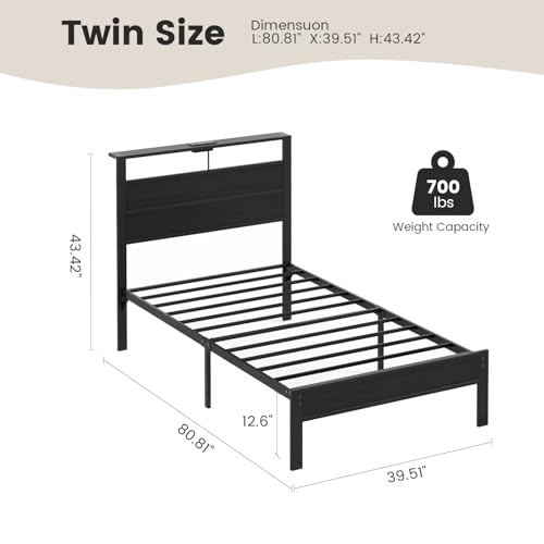Image of Twin Size Bed Frame with LED Lights and USB Charging Station | Black Metal Platform Bed with Storage Headboard, Noise Free, No Box Spring Needed, Easy Assembly