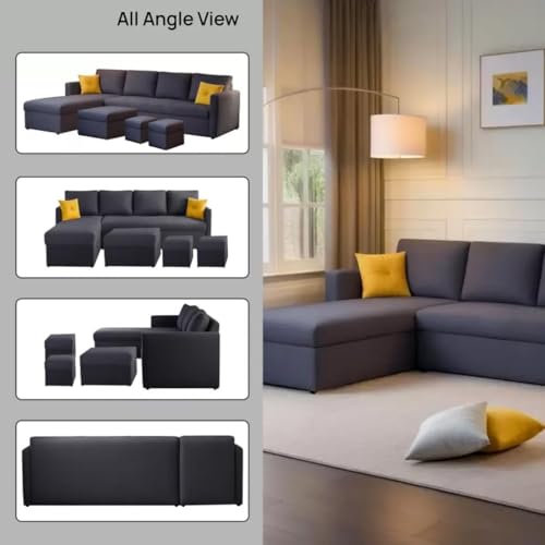 Image of FURNY Arno 8 Seater Fabric LHS L Shape Sofa Set with 1 Centre Table & 2 Ottomans (Dark Grey Color)