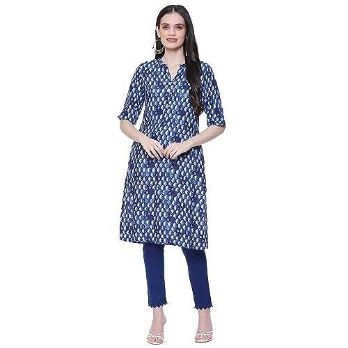 Image of Rangriti Indigo Blue Liva Straight Printed Kurta for Women