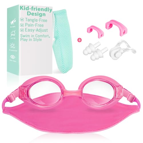 Kids Swim Goggles with Fabric Strap for 3-12, No Hair Pulling, Rose-red