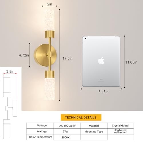 Image of Brushed Gold Wall Sconces Set of 2, Hardwired 3000k Crystal Bathroom Sconces, Modern Sconces Wall Light Fixtures, Bathroom Vanity Light Fixtures Wall Decor Bathroom Mirror Living Room Hallway Bedroom