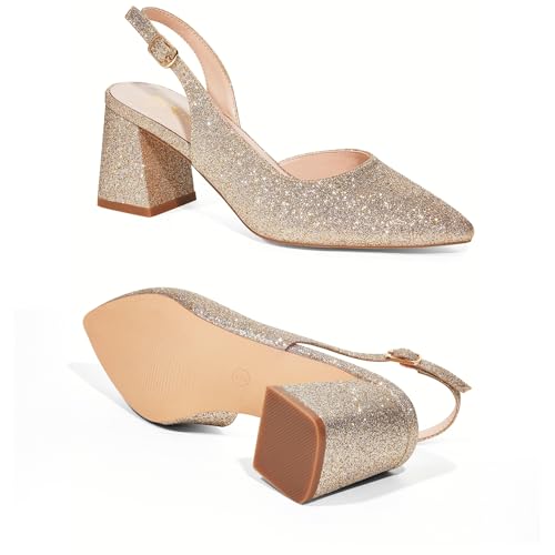 Elisabet Tang Women's Pumps Slingback 2 Inches Block Chunky Heels with Closed Pointed Toe Thick Low Pumps Wedding Party Prom Dating Casual Work Dressy Black Silver Gold Glitter Hot Pink3
