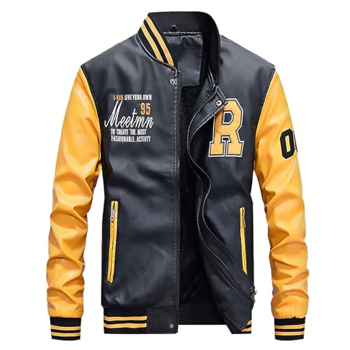 Image of Duohropke Varsity Jacket Men's Oldschool College Jacket Two-Tone Bomber Jacket Vintage Sweat Jacket Baseball Sports Jacket Unisex Streetwear Y2k Oversized Coats with Patch PU Leather Aviator Jacket