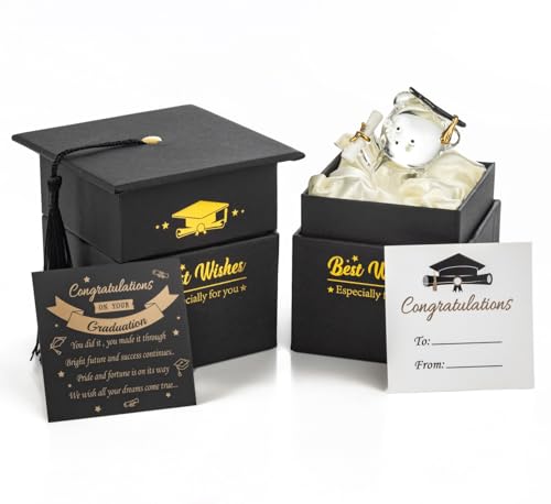 SAFRI Graduation Gift Glass Teddy Bear with Poem in Mortar Board Cap Box