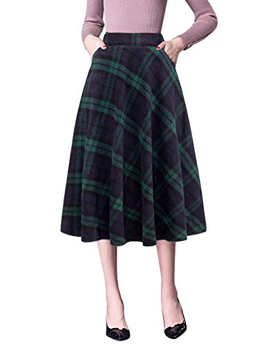 IDEALSANXUN Wool Skirts for Womens High Waist Aline Pleated Midi Skirts (Large, Green)