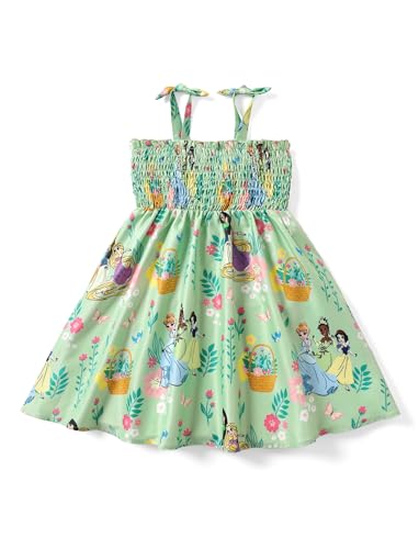 Disney Princess Toddler Girl Dress Character Print Bow Strap Floral Casual Summer Clothes Smocking Beach Holiday Girls Sundress Green 5-6 Years