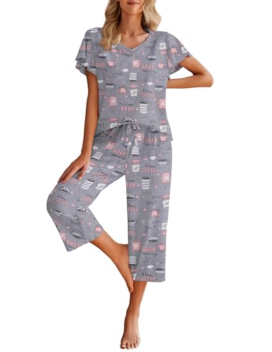 Image of Ekouaer Womens Cotton Pajamas Sets Short Sleeve Capri Pants with Pockets