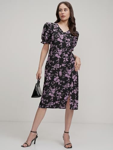 Image of Tokyo Talkies Women's Floral Midi Dress | A-line| V-Neck | Short Puff Sleeves & Playful Silhouette | Chic & Effortlessly Feminine
