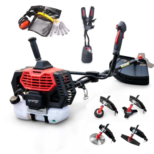 Synergy Desbrozadora Gasolina 65cc 4,9CV Profesional 4 en 1 – Motor 2T – 1 Cabezal Automático Reforzado, Disco Widia, Disco de 2 Puntas y Disco 3 Puntas, Arnés Doble y Kit de Protecciones